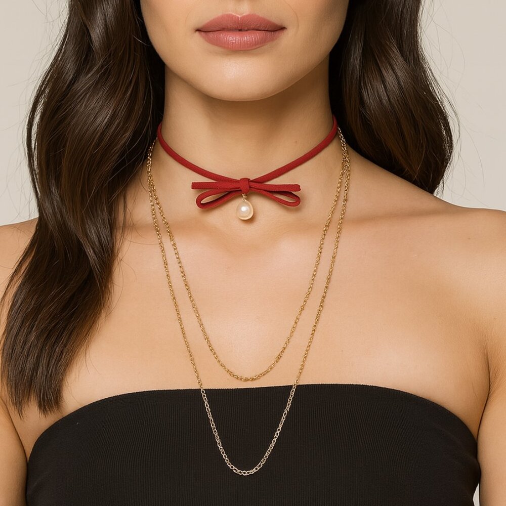 Carisma Choker Necklace Set Red Bow Pearl Bead Gold Tone Layered Chains Gift
